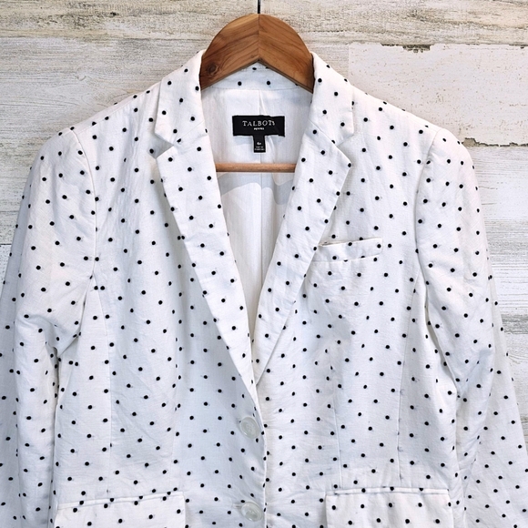 Talbots Linen & Cotton Polka Dot Blazer 6P White Navy Preppy Light Academia Chic - Picture 10 of 16